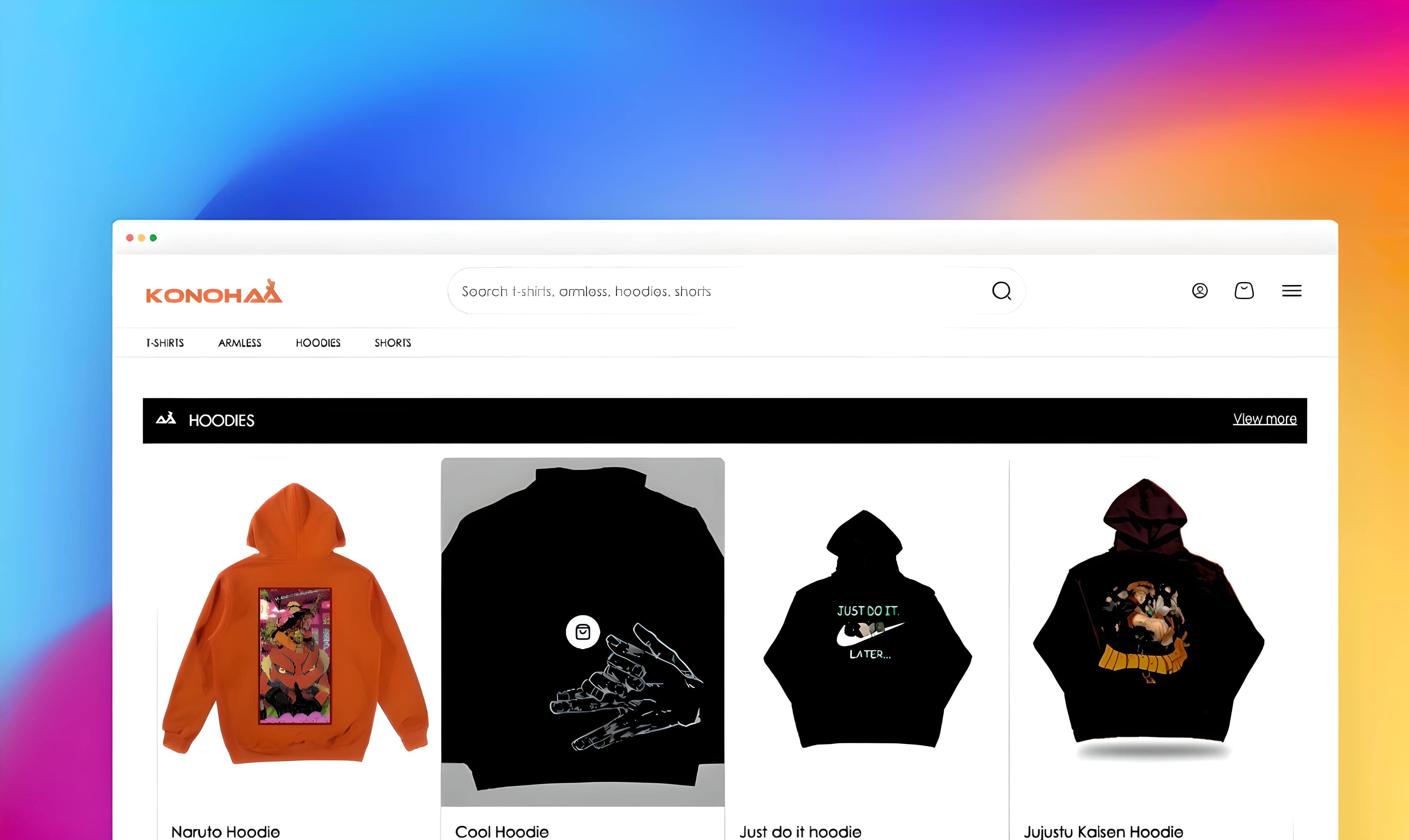 Konohaa anime merchandise website displaying a hoodie collection, category navigation, search and shopping controls