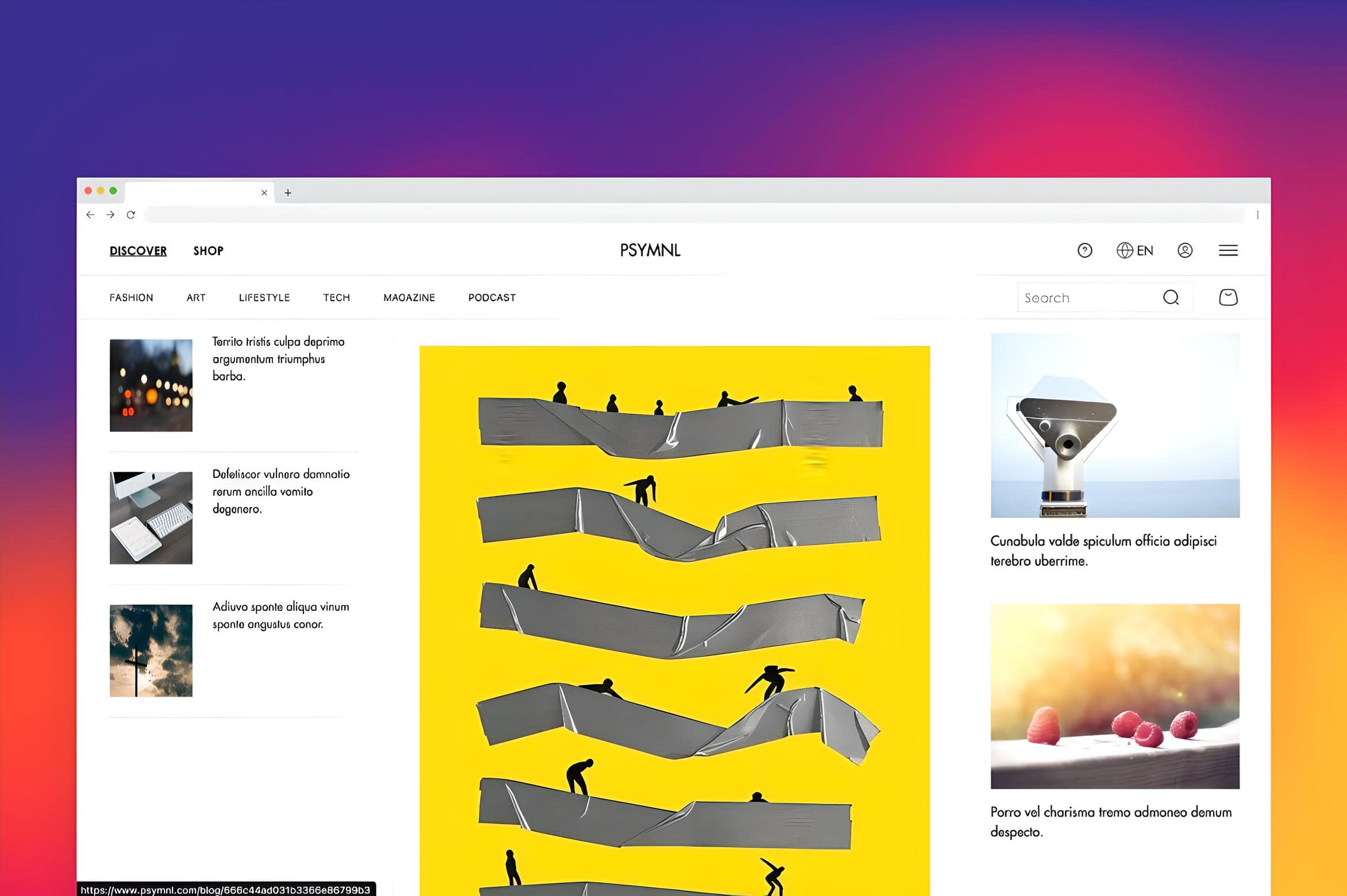 Psyminimal website preview with fashion, art, lifestyle, magazine and podcast navigation and a bold yellow editorial artwork