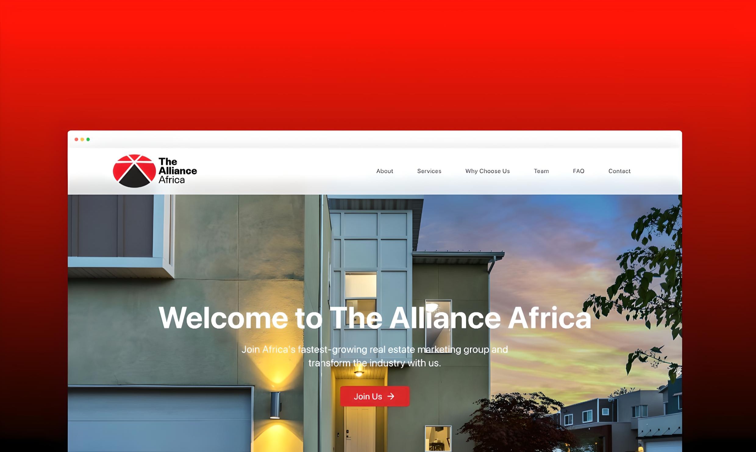 The Alliance Africa real estate website with its red and black identity, property photography and a Join Us action